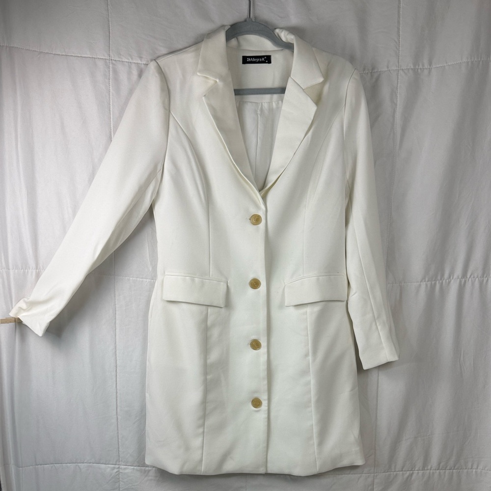 Allegra K White Longline Blazer Jacket‎ Button Front Blazer Dress Style M